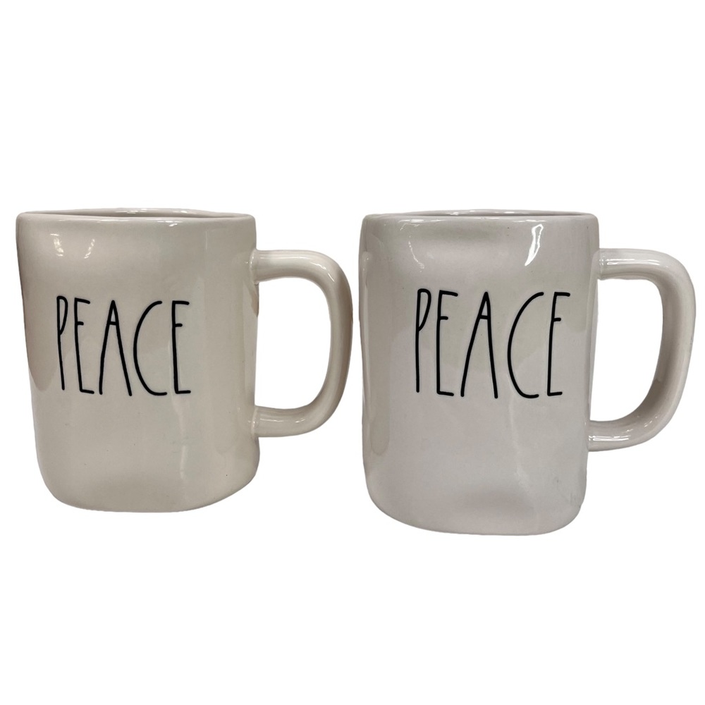 Rae Dunn‎ Set Of Two “Peace” White Coffee Mug Cup Magenta 202 & 210